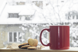 A mug of cocoa and cookies on a snowy day